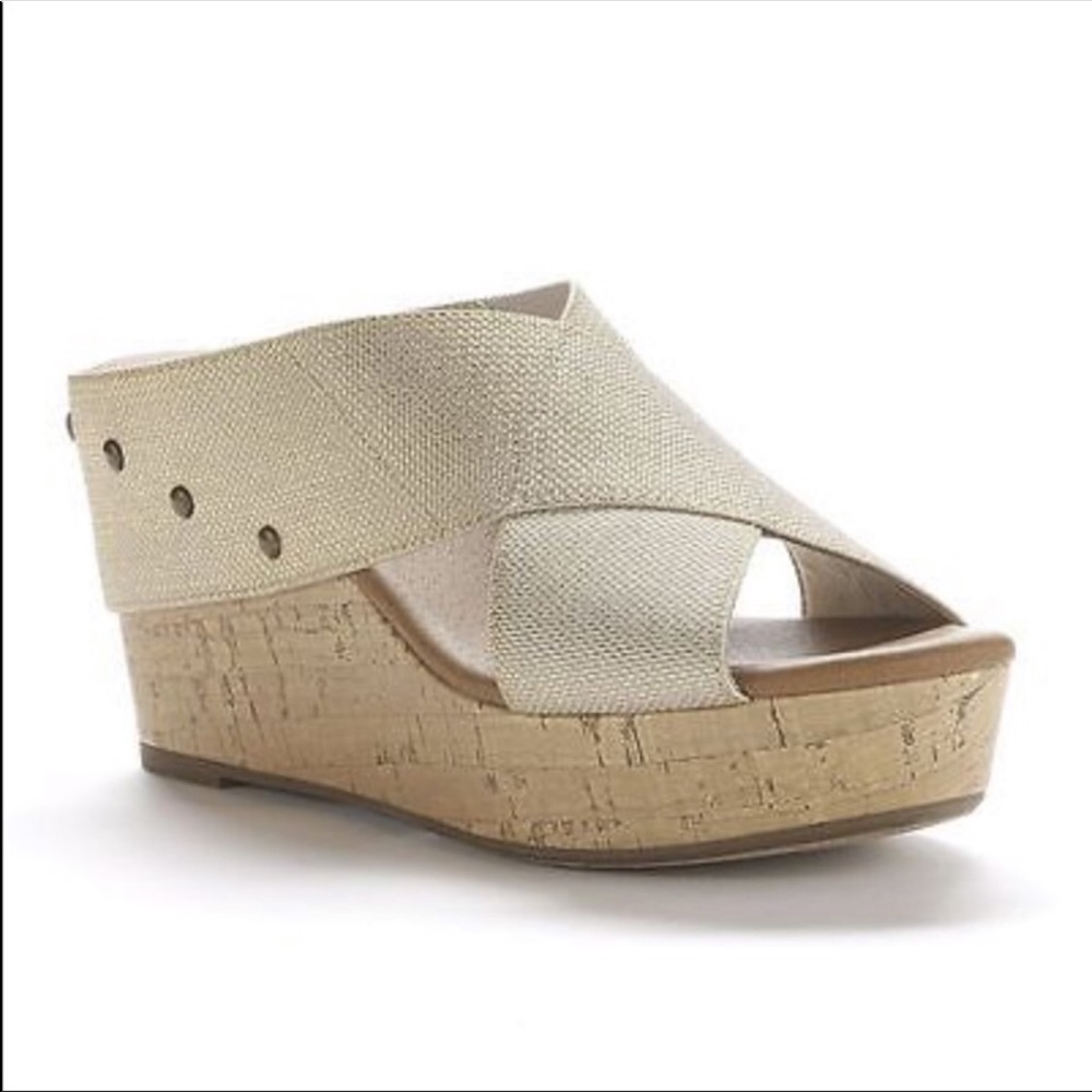 Sonoma Joie Gold Fabric Banded Wedge Sandals